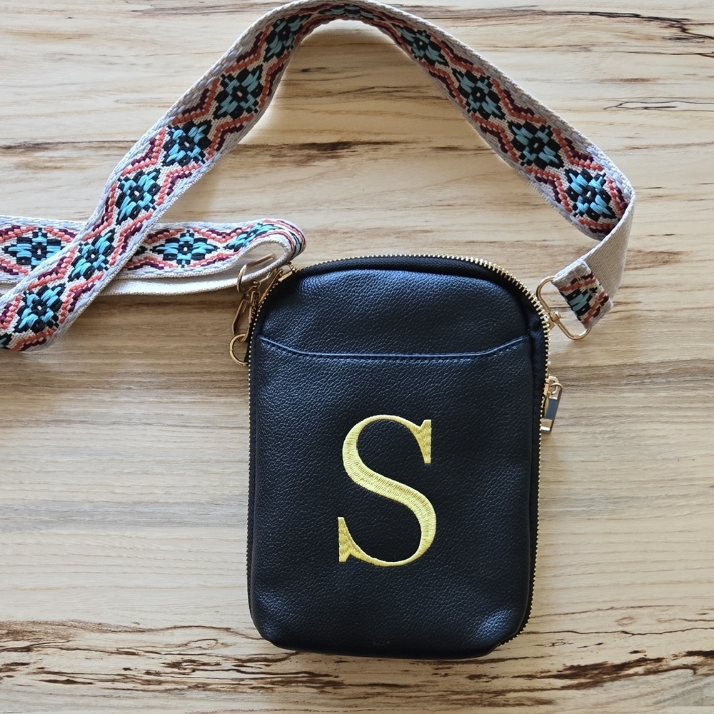 Black Leather Crossbody Bag with Gold Initial